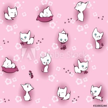white kitten in flowers. Wallpaper pink - 900949437