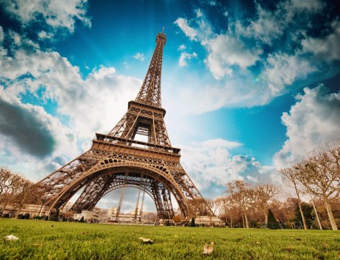 Paris. Wonderful wide angle view of Eiffel Tower from street lev - 901139057