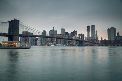 Brooklyn bridge and Manhattan at dusk - 901139721