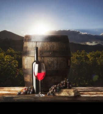 still life with red wine and old barrel - 901140763