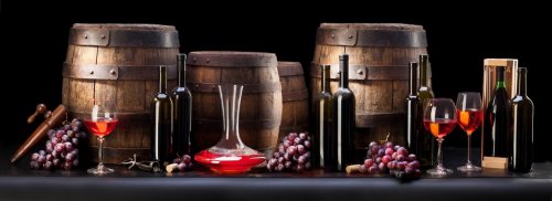 still life with red wine and old barrel - 901140764
