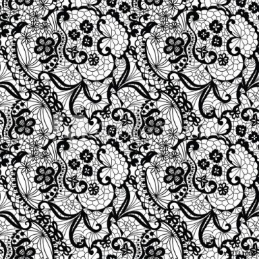 Lace black seamless pattern with flowers on white background - 901140837