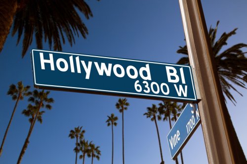 Hollywood Boulevard with  sign illustration on palm trees - 901141336