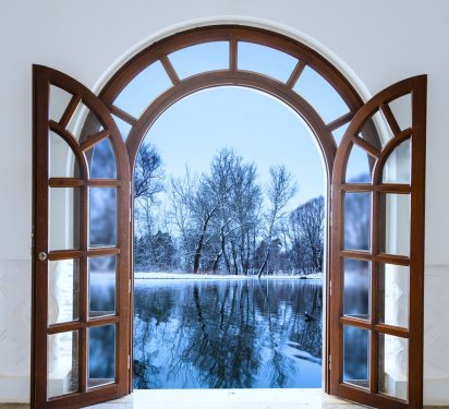 open door and a winter forest