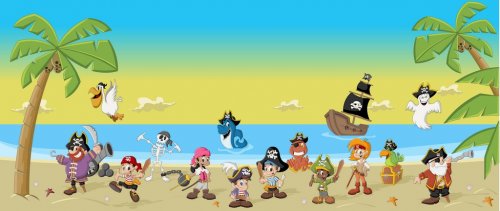Cartoon pirates with funny animals on a beautiful tropical beach - 901142384