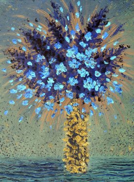 Oil painting. Blue flowers in yellow vase - 901142641
