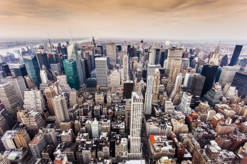 Aerial view of Manhattan skyline at sunset, New York City - 901143278