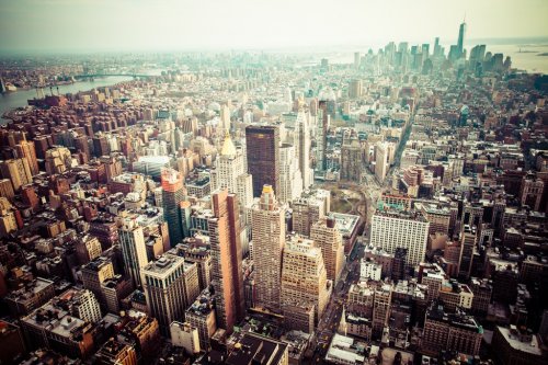Aerial view of Manhattan skyline at sunset, New York City - 901143279