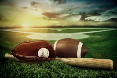 Baseball, bat, and mitt in field at sunset - 901143473