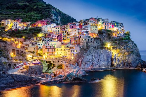 Scenic night view of colorful village Manarola in Cinque Terre - 901144493