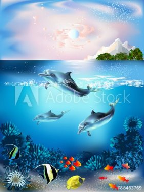 The underwater world with dolphins and plants 