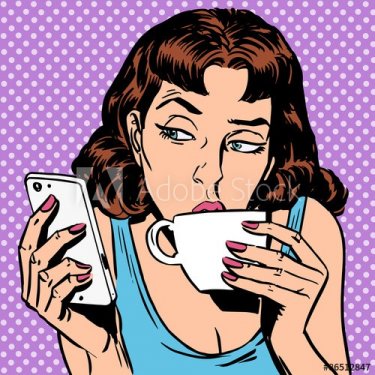 Tuesday girl looks at smartphone drinking tea or coffee - 901144702