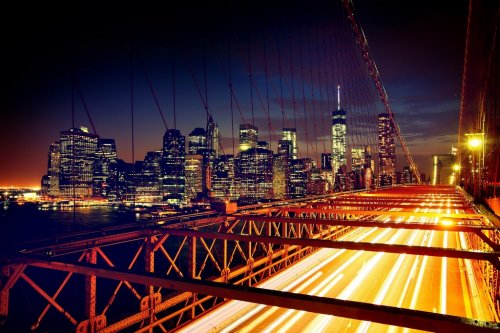 Brooklyn Bridge, Downtown Manhattan, New York. Night scene. Light trails. Cit... - 901145004