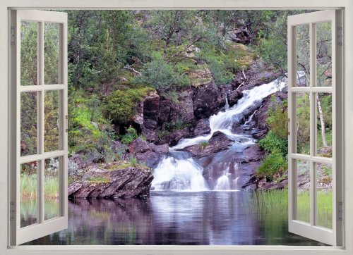 Open window view to mountain waterfall and pond - 901145015