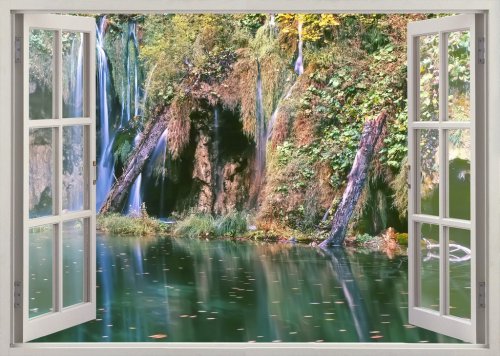 Open window view to deep forest waterfall with pond  - 901145016