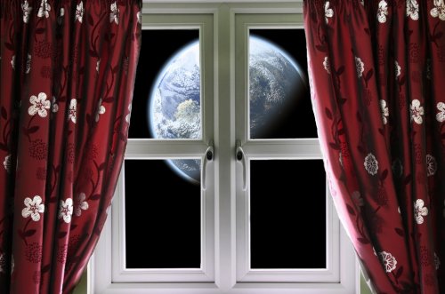Planet viewed through a window with curtains