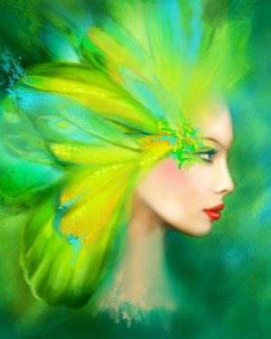 Fantasy Portrait beautiful woman green summer butterfly