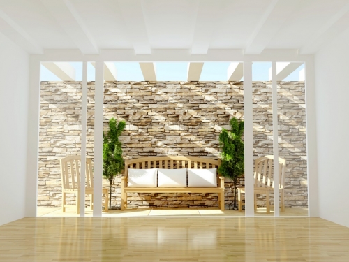 Open terrace with wooden furniture. - 901146042