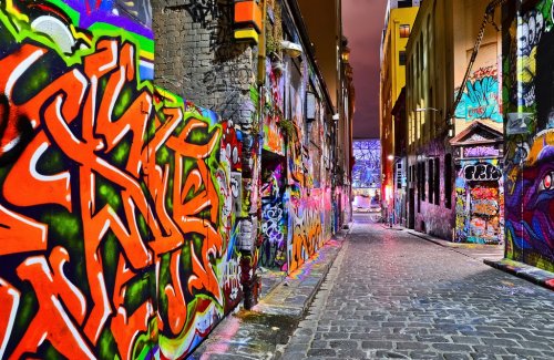 View of colorful graffiti artwork at Hosier Lane in Melbourne - 901146073