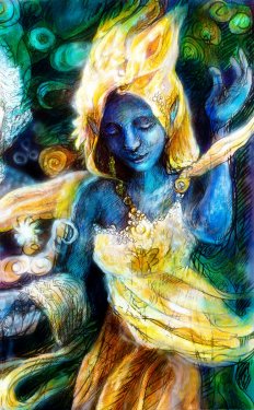 Blue dancing spirit in golden costume with energy lights, mystic - 901146365
