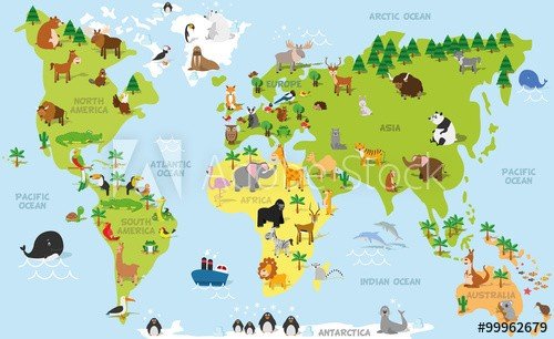 Funny cartoon world map with traditional animals of all the continents and oc... - 901147001
