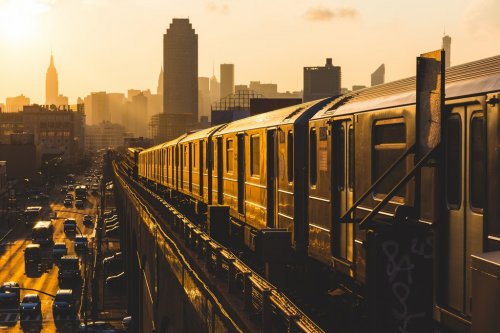 Subway Train in New York at Sunset - 901147029