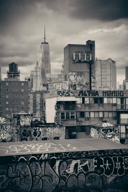 Graffiti and urban buildings in downtown Manhattan.