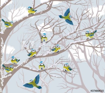 Flock of blue tits perching on branches of trees