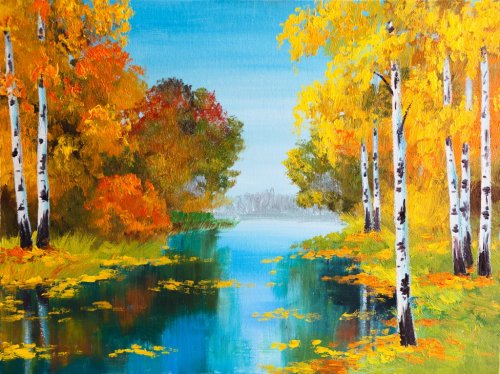 oil painting landscape - birch forest near the river - 901147140