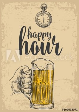 Male hand holding a beer glass. Vintage vector engraving illustration for label, poster, menu. Isolated on beige background. Happy hour