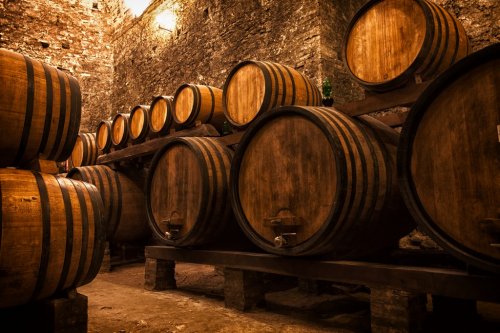 cellar with barrels for storage of wine, Italy - 901147324