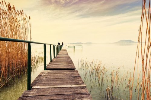 Wooden pier in tranquil lake Balaton - 901147872