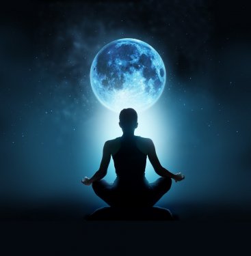 Abstract woman are meditating at blue full moon with star in dark background - 901147935