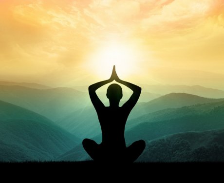 Yoga and meditation. Silhouette of man in moontains. - 901147942