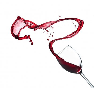Red wine splashing from glass, isolated on white background - 901147995