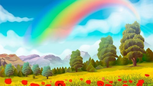 Spring landscape, poppies and rainbow vector background - 901148007