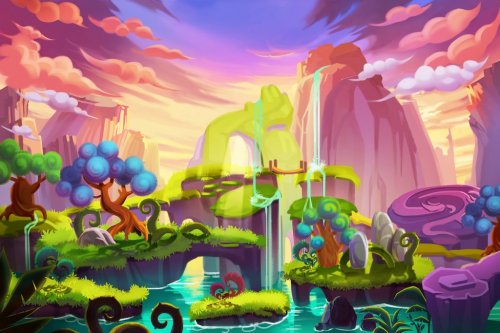 Creative Illustration and Innovative Art: Waterfall Island. Realistic Fantastic Cartoon Style Artwork Scene, Wallpaper, Story Background, Card Design

