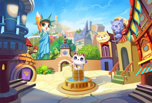 Creative Illustration and Innovative Art: Welcome to Cat Ville, A Small City with their own Statue of Liberty. Realistic Fantastic Cartoon Style Artwork Scene, Wallpaper, Story Background, Card Design