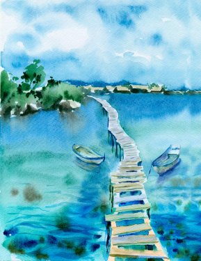 Watercolor painting. Sea landscape with blue water, boats and bridge.