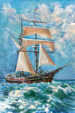 Drawing of boat is under sail, painting
