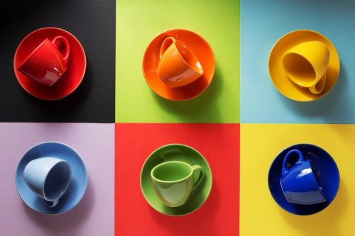 empty cup and saucer at colorful paper - 901148486