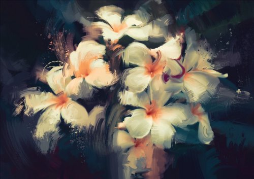 painting showing beautiful white flowers in dark background - 901148575