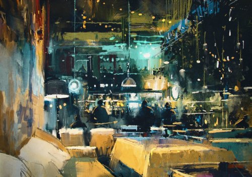 painting showing colorful interior of bar and restaurant at night - 901148583