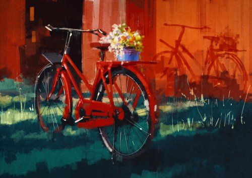 painting of vintage bicycle with bucket full of flowers - 901148636