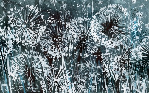 White dandelions on a dark-blue pattern, watercolor illustration, card, abstr... - 901148637