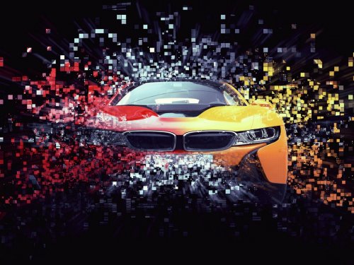 Two color sports car - abstract pixel destruction illustration