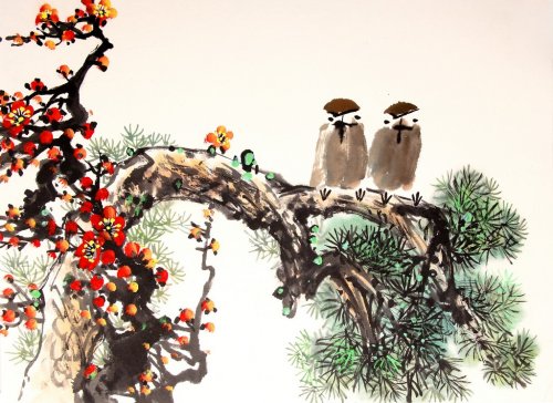 chinese ink painting bird and tree