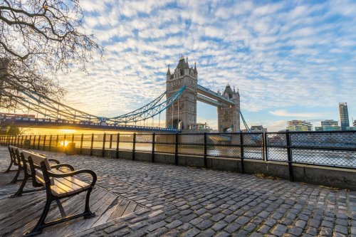 Sunrise of London Tower Bridge viewed from Tower of London side of the Thames river