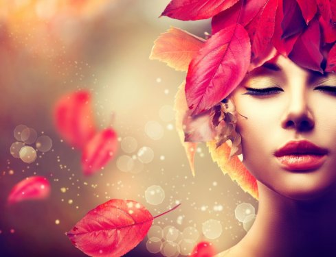 Autumn Woman. Fall. Girl with colourful autumn leaves hairstyle - 901149773