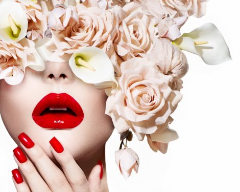 Fashion sexy woman. Vogue style model girl face with roses